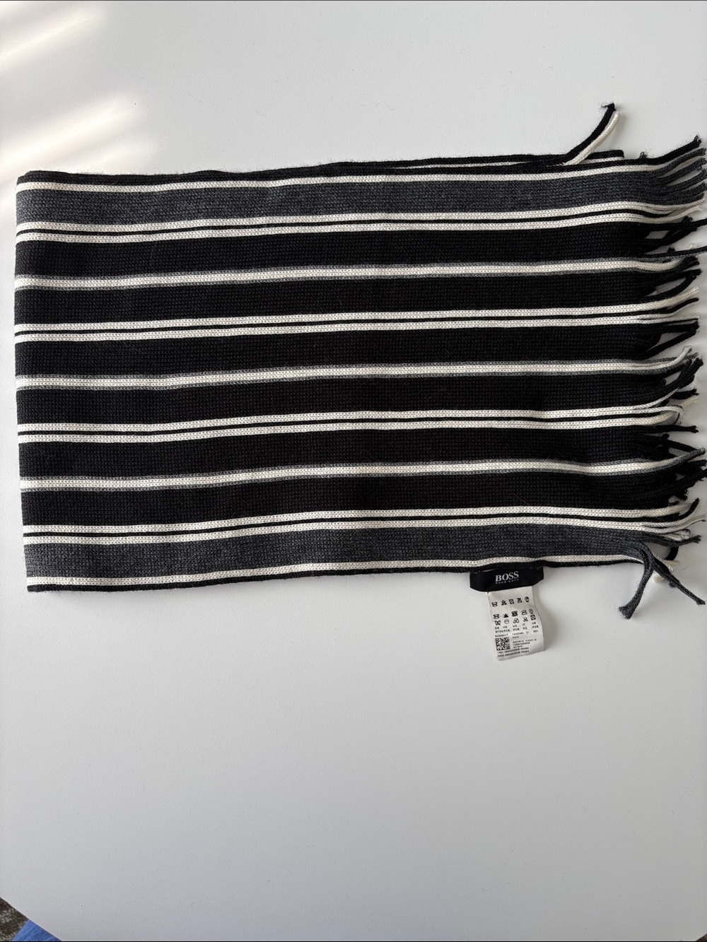 Hugo Boss Black and Gray Striped Virgin Wool Scarf Muffler